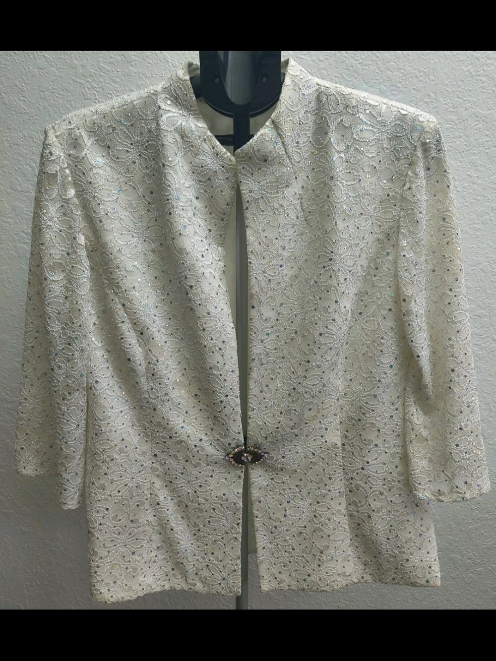 R&M Richards Womens Ivory Sequin Lace Evening Jacket Rhinestone Clasp